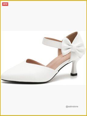 Women's Pointed Toe Bow Ankle Strap Kitten Heel Pumps, D'Orsay Style Dress Shoes